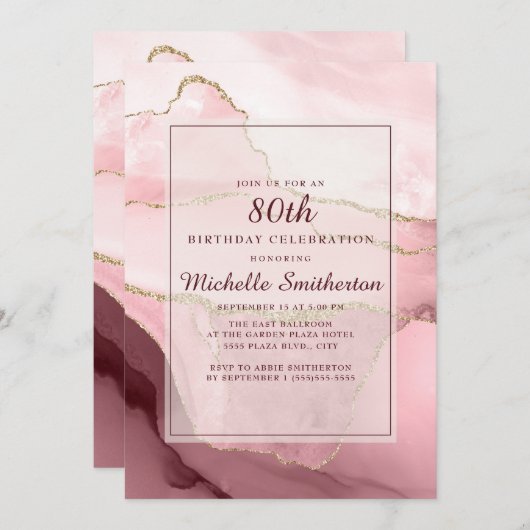 ピンクバーガンディ金ゴールドマーブルアゲート80誕生日 招待状 (正面/裏面)