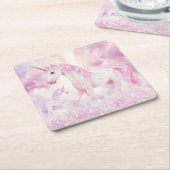 ピンクバースデーパーティユニコーン紙コースター スクエアペーパーコースター (アングル)
