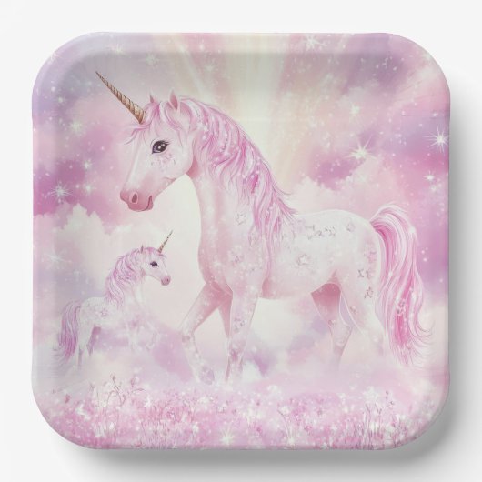 ピンクバースデーパーティユニコーン紙プレート ペーパープレート (正面)