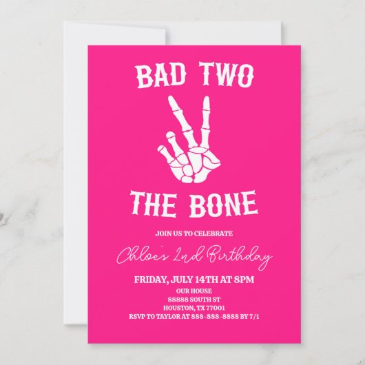 ピンクバートツザ骨骨格2回目の誕生日パーティー 招待状 (正面)