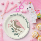 ピンクバードアンドベリーパーソナライズされた誕生日 ペーパープレート (パーティー)
