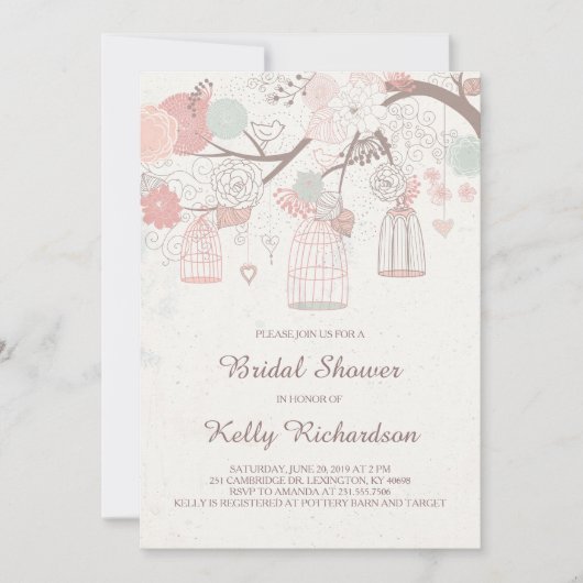 ピンクバードケージブライダルシャワー招待 招待状 (正面)