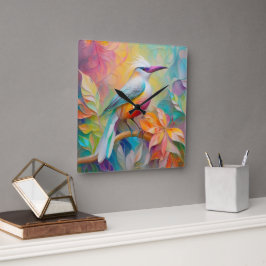 ピンクバードレッドブレストファンタジーバード スクエア壁時計