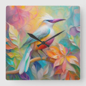 ピンクバードレッドブレストファンタジーバード スクエア壁時計 (正面)