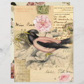 ピンクバード、スクリプトヴィンテージコラージスクラップブック紙 (正面/裏面)