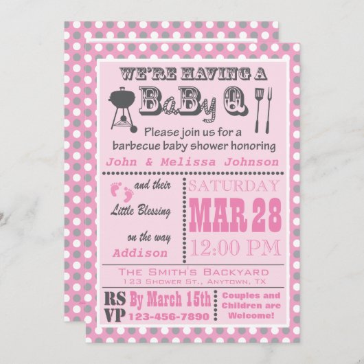 ピンクバーベキューBaByQベビーシャワー水玉模様 招待状 (正面/裏面)