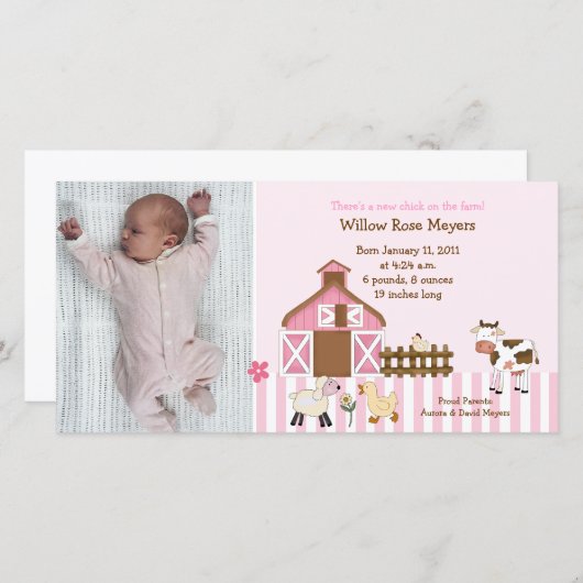 ピンクバーンアニマルズフォト誕生日/誕生カード 案内状 (正面/裏面)