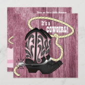 ピンクバーンウッド女性のカーボーイベビーシャワー 招待状 (正面/裏面)