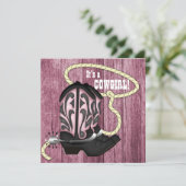 ピンクバーンウッド女性のカーボーイベビーシャワー 招待状 (スタンド正面)