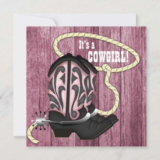 ピンクバーンウッド女性のカーボーイベビーシャワー 招待状 (正面)