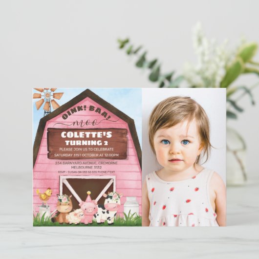 ピンクバーンオインクバアファモーームアニマルズフォト誕生日 招待状 (スタンド正面)
