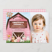 ピンクバーンオインクバアファモーームアニマルズフォト誕生日 招待状 (正面/裏面)