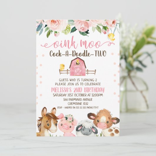 ピンクバーンコックアドードルツーアニマル誕生日 招待状 (スタンド正面)