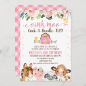 ピンクバーンコックアドードルツーアニマル誕生日 招待状 (正面/裏面)