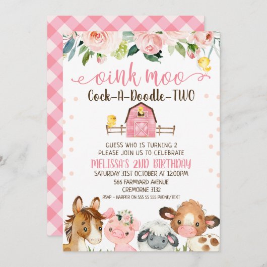 ピンクバーンコックアドードルツーアニマル誕生日 招待状 (正面/裏面)