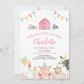 ピンクバーンファームアニマルズ納屋周囲の庭ガール2nd誕生日 招待状 (正面)
