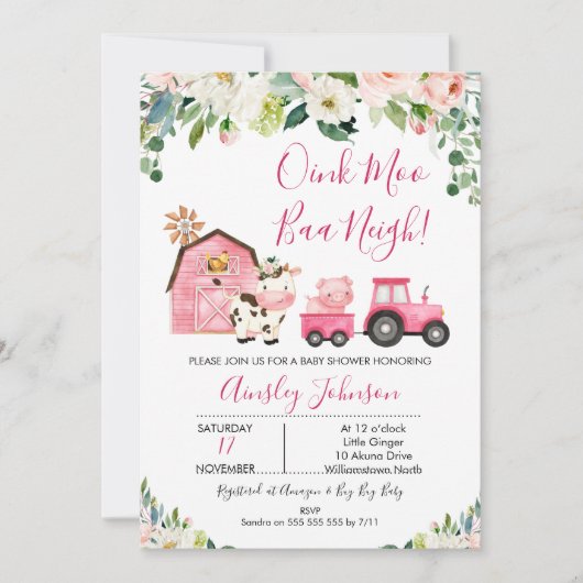 ピンクバーンファームファーミヤードアニマルベビーシャワー 招待状 (正面)