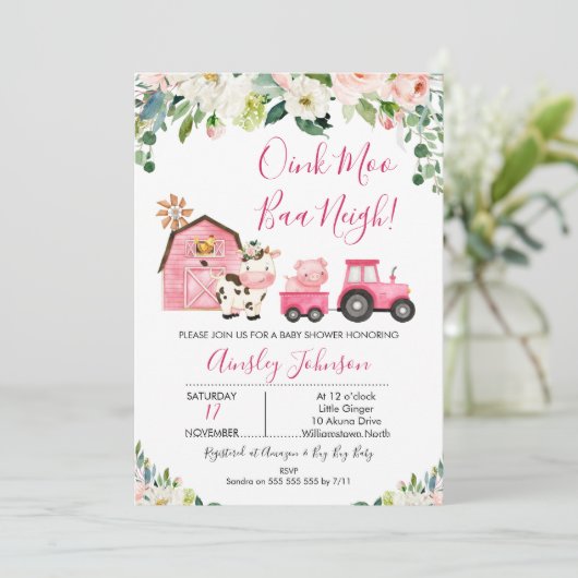 ピンクバーンファームファーミヤードアニマルベビーシャワー 招待状 (スタンド正面)