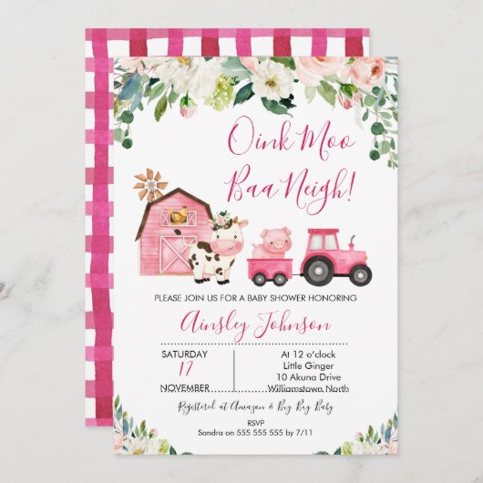 ピンクバーンファームファーミヤードアニマルベビーシャワー 招待状 (正面/裏面)