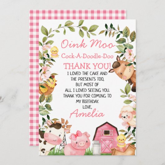ピンクバーンファームフリージ誕生日サンキューカード 招待状 (正面/裏面)