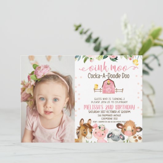 ピンクバーンフォトフローラファームアニマル誕生日 招待状 (スタンド正面)