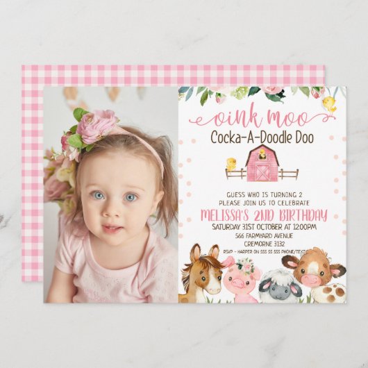 ピンクバーンフォトフローラファームアニマル誕生日 招待状 (正面/裏面)