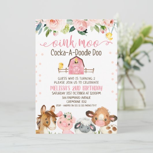 ピンクバーンフローラファームアニマル誕生日招待状 招待状 (スタンド正面)
