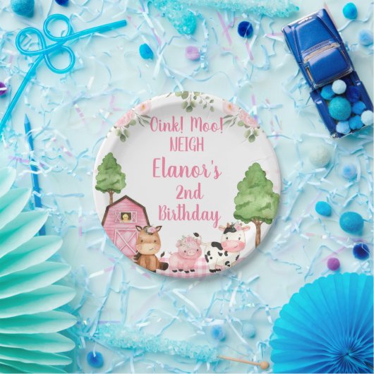 ピンクバーンフローラファームオインクバネイ誕生日 ペーパープレート (パーティー)