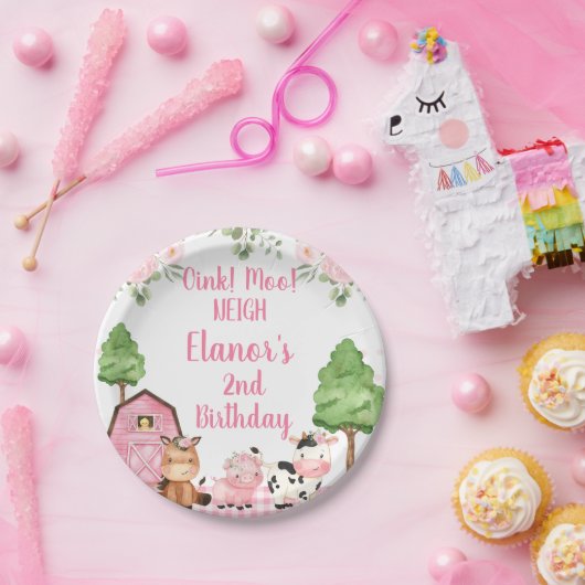 ピンクバーンフローラファームオインクバネイ誕生日 ペーパープレート (パーティー)