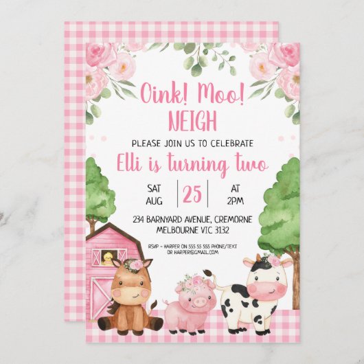ピンクバーンフローラファームオインクバネイ誕生日 招待状 (正面/裏面)