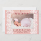 ピンクバ素朴ラップ&レースベビーガールフォト誕生 案内状 (正面)