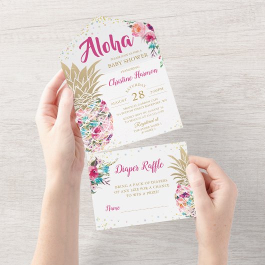 ピンクパイナップルフローラベビーシャワー&おむつラッフル オールインワン招待状 (貼ってはがせる)