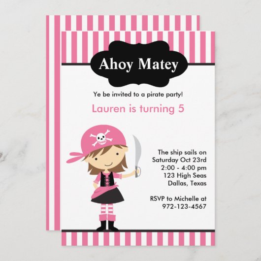 ピンクパイレーツガール誕生日招待状 招待状 (正面/裏面)