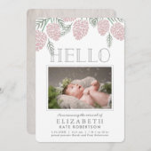 ピンクパインコーン白い写真誕生のお知らせ 招待状 (正面/裏面)