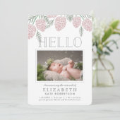 ピンクパインコーン白い写真誕生のお知らせ 招待状 (スタンド正面)