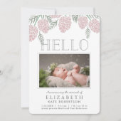 ピンクパインコーン白い写真誕生のお知らせ 招待状 (正面)