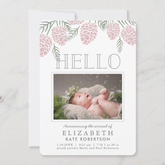 ピンクパインコーン白い写真誕生のお知らせ 招待状 (正面)