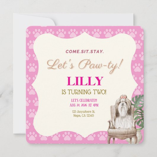 ピンクパウ ドッグ バースデーパーティー ご招待 招待状 (正面)
