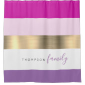 ピンクパガーリーープルストライプ金ゴールドカスタムファミリー シャワーカーテン (正面)