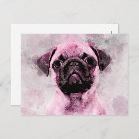 ピンクパグドッグウォーターポートレート02 ポストカード (正面/裏面)