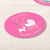 ピンクパグドッグテーマパーティーお祝い ラウンドペーパーコースター (アングル)