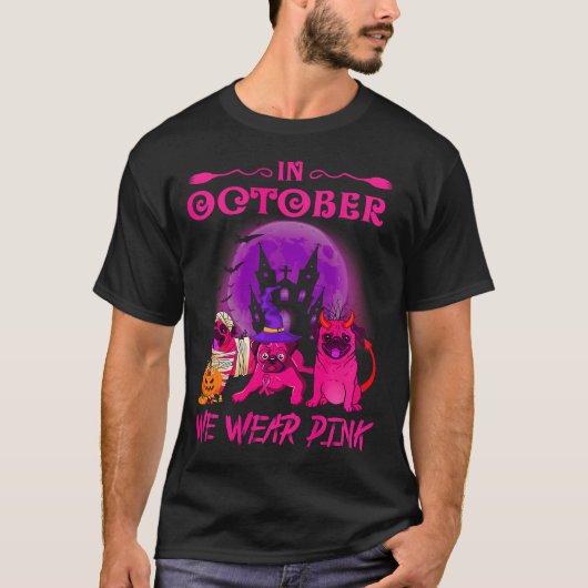 ピンクパグ犬乳がんハロウィン Tシャツ (正面)