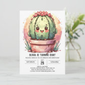 ピンクパステルウォーターカラーサボスガール誕生日 招待状 (スタンド正面)