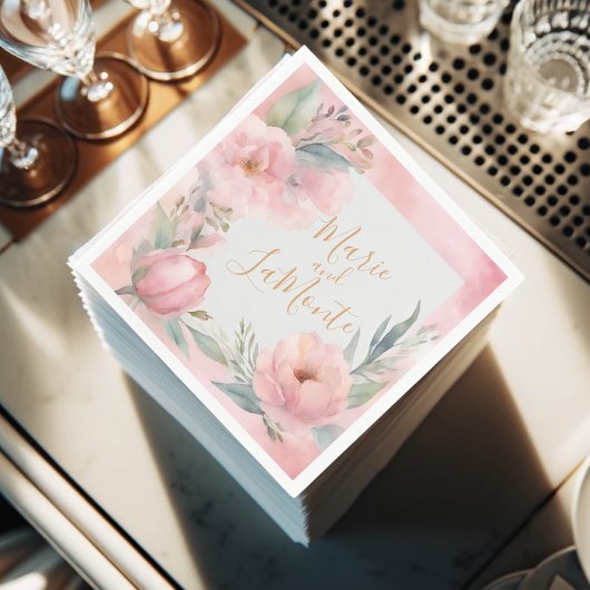 ピンクパステルウォーターカラー結婚フローラズナプキン スタンダードカクテルナプキン