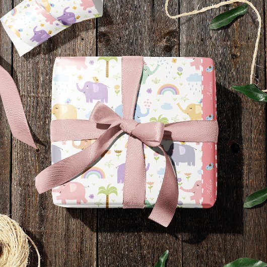 ピンクパステルエレファントパターン小さな女の子パーティー ラッピングペーパー