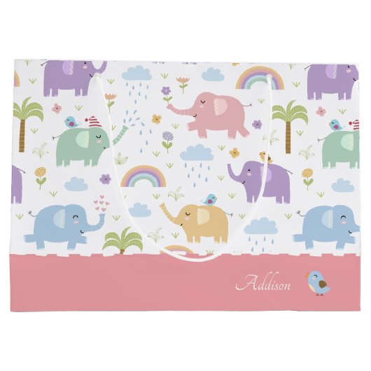 ピンクパステルエレファントパターン小さな女の子パーティー ラージペーパーバッグ (裏面)