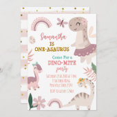 ピンクパステルキュートディノファースト誕生日パーティー 招待状 (正面/裏面)