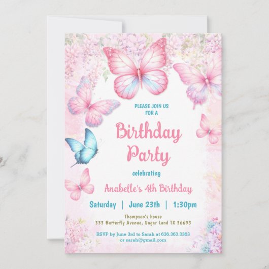 ピンクパステルサマーバタフライガール誕生日 招待状 (正面)