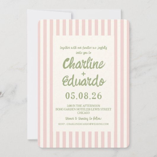 ピンクパステルストライプのお洒落結婚式招待状 招待状 (正面)