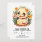 ピンクパステルダック誕生日 招待状 (正面/裏面)